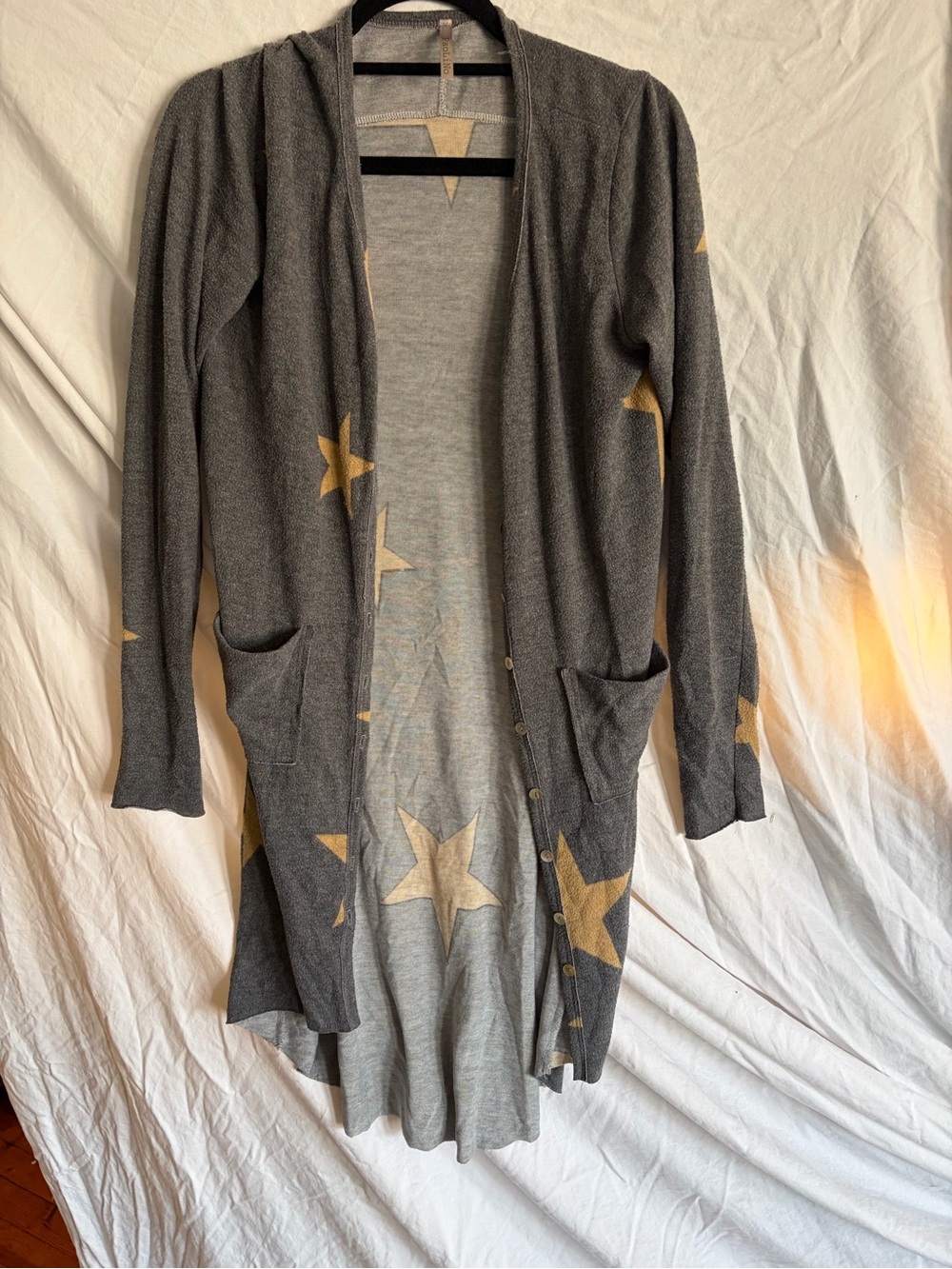 Gray Star-Print Open Front Cardigan with Pockets